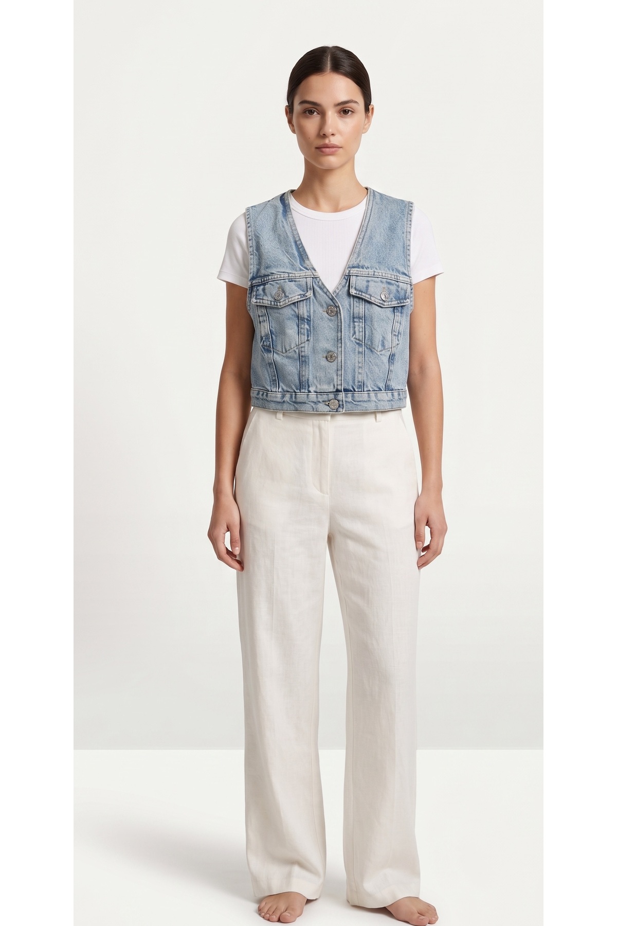 Açık Mavi Denim Crop Yelek