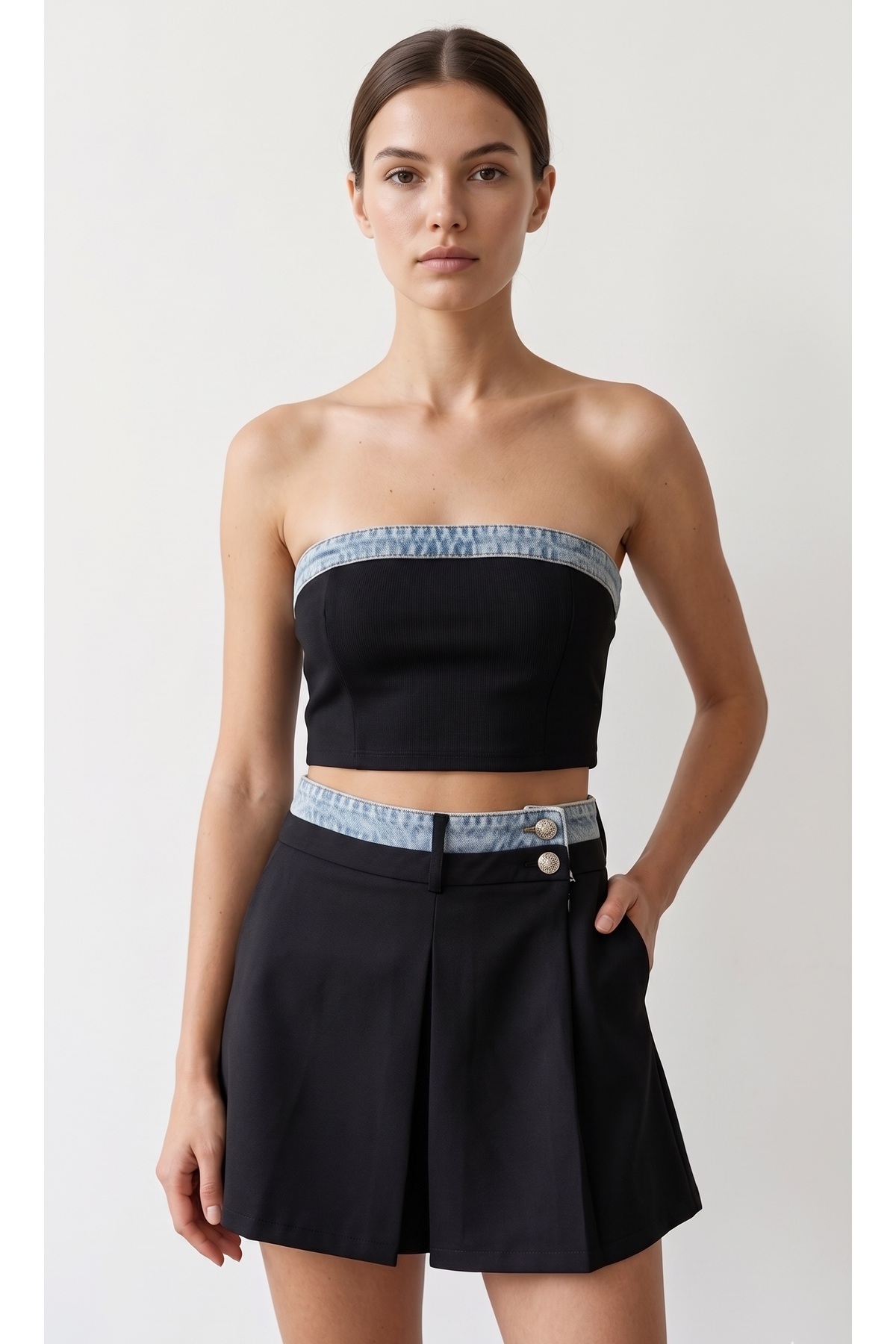 Yüksek Bel Piliseli Mini Etek Şort (Denim Detaylı)