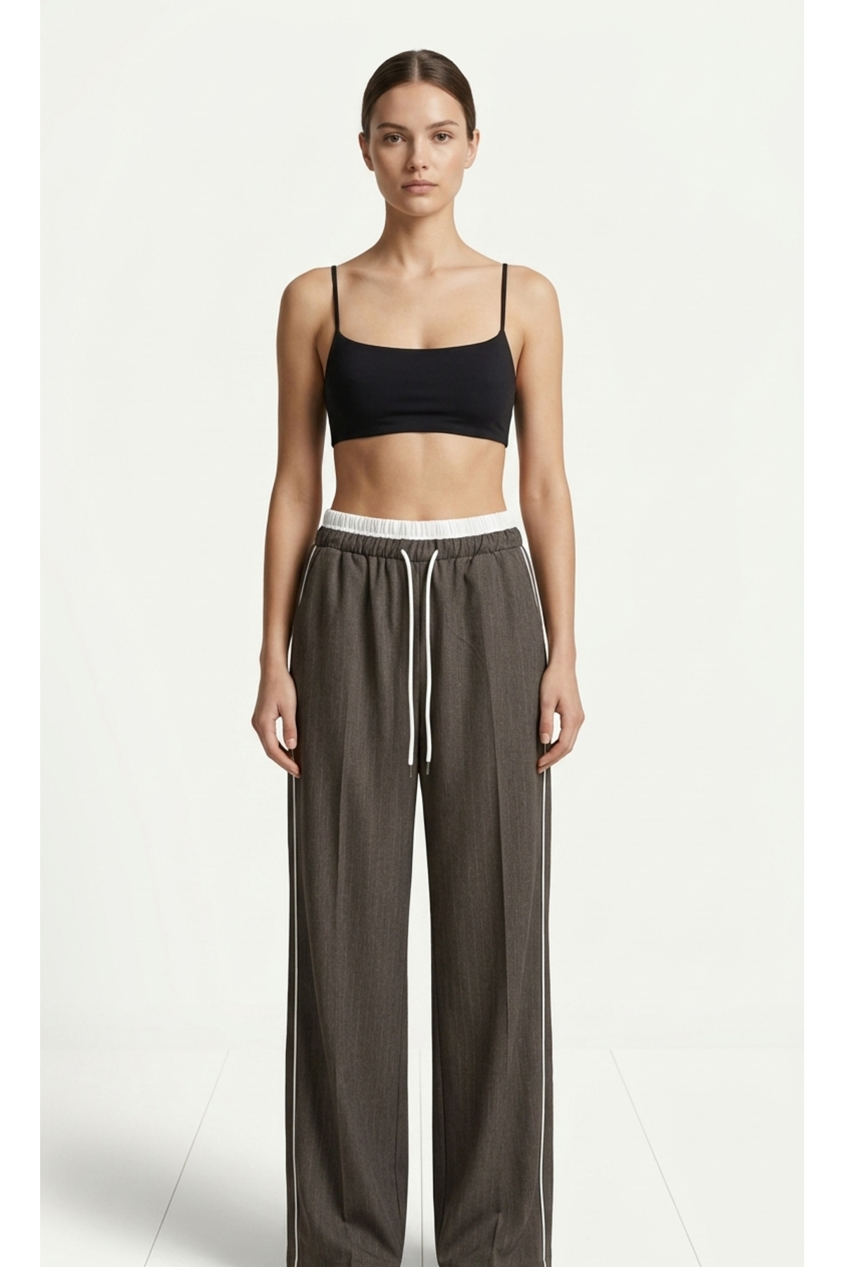 Yüksek Bel Lastikli Çizgili Wide Leg Pantolon