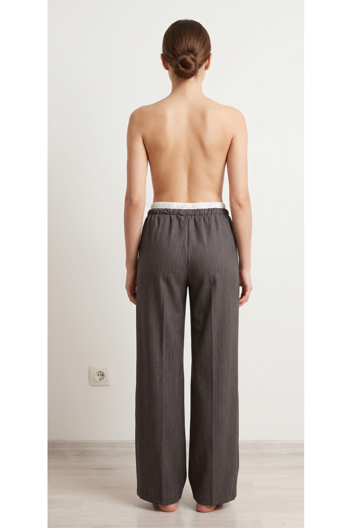 Yüksek Bel Lastikli Çizgili Wide Leg Pantolon - Görsel 2