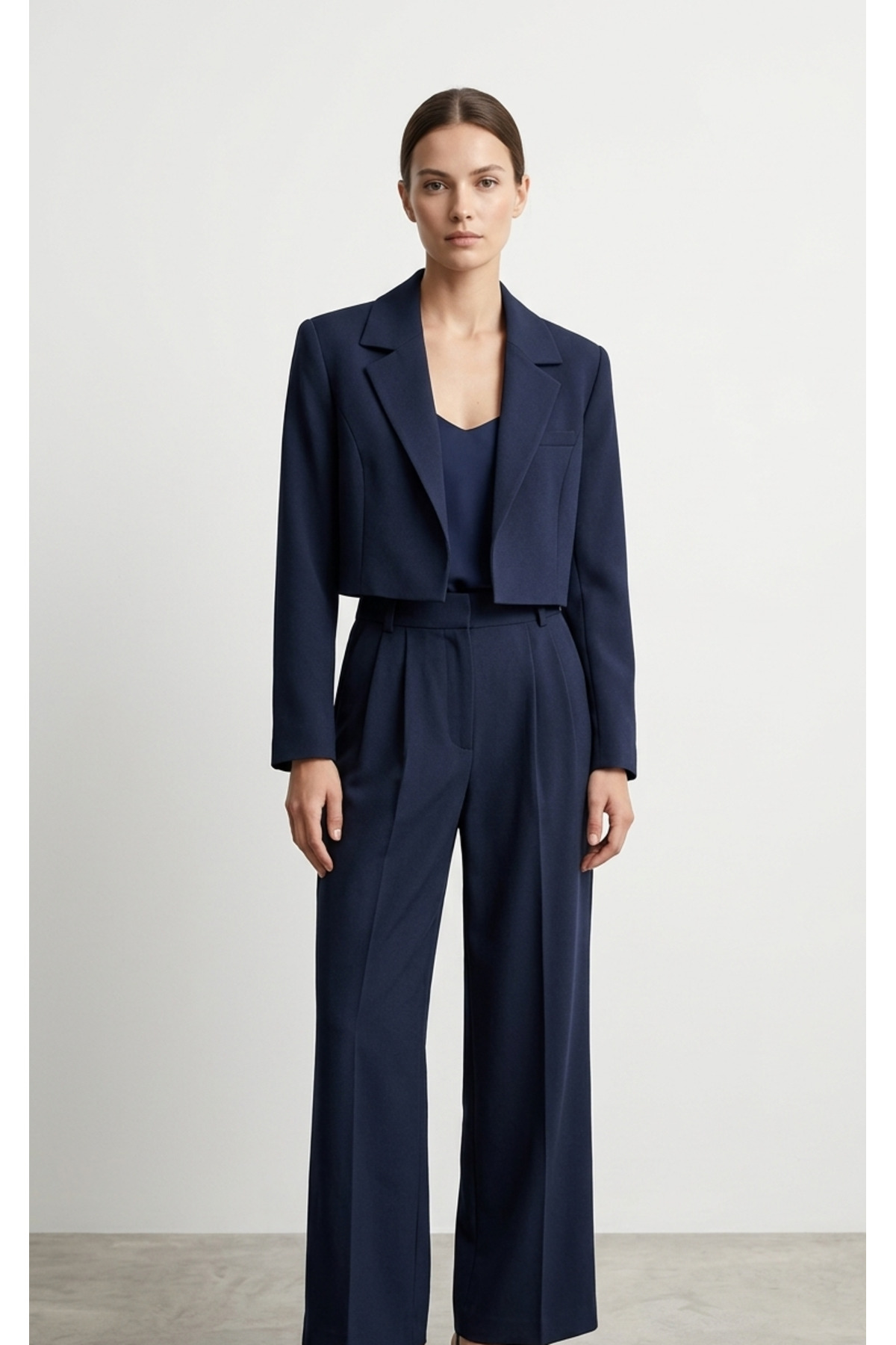 Lacivert Blazer Ceket Yüksek Bel Wide Leg Pantolon Takım