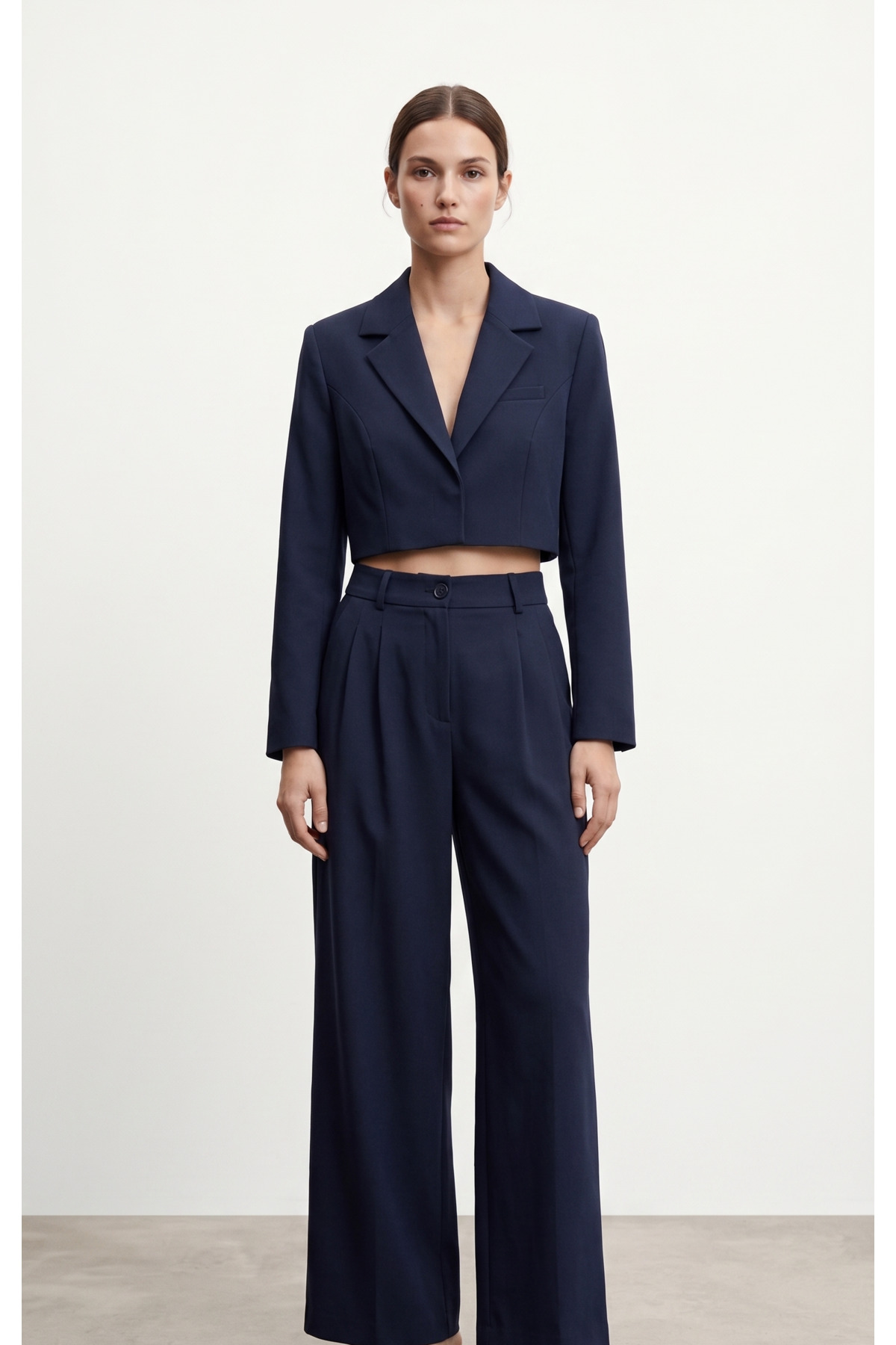 Lacivert Blazer Ceket Yüksek Bel Wide Leg Pantolon Takım - Görsel 2