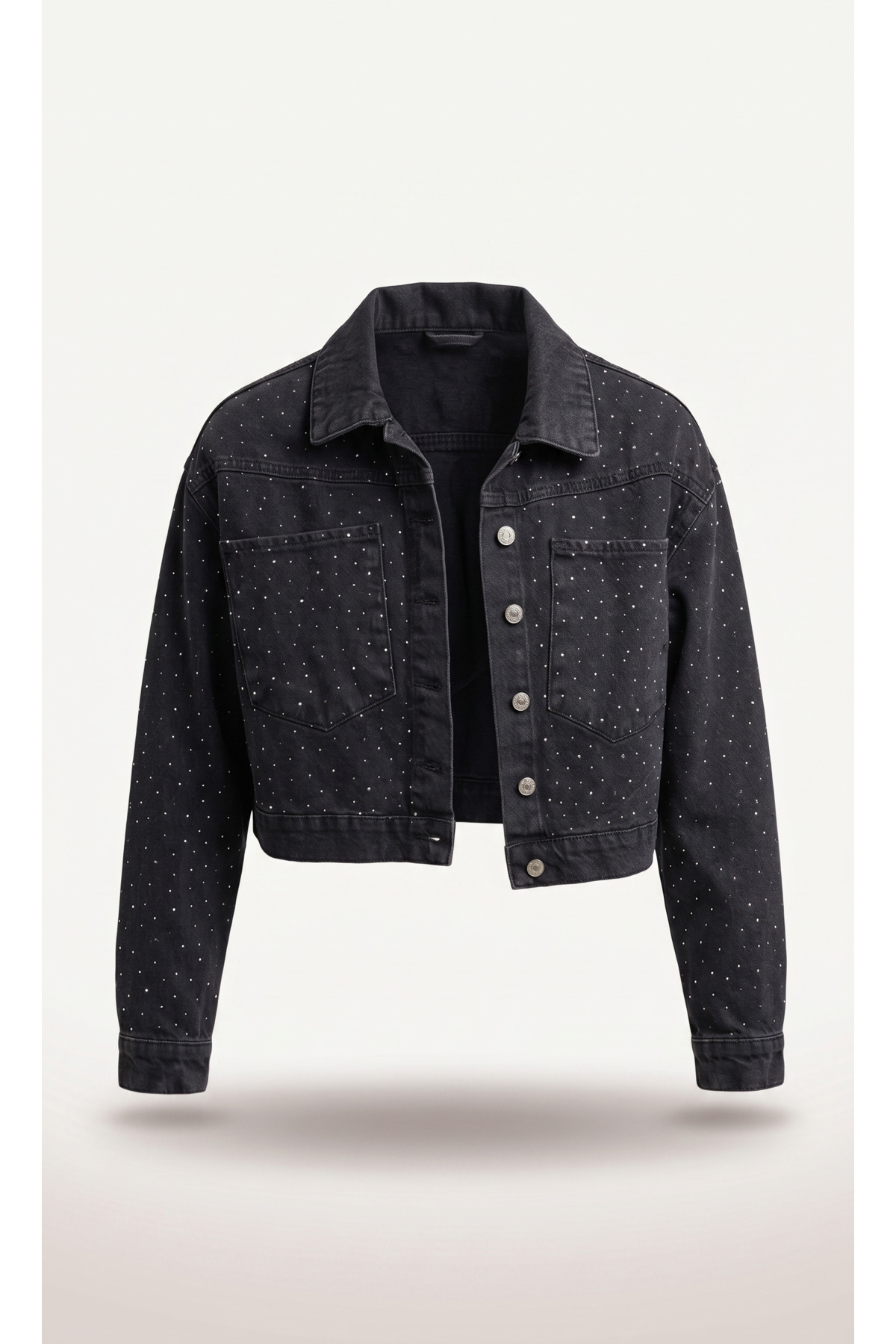 Taş Detaylı Crop Jean Ceket – Siyah Denim - Görsel 2