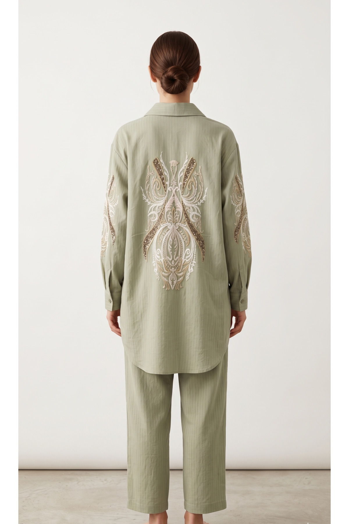 Nakış Detaylı Oversize Gömlek Pantolon Takım – Haki - Görsel 2