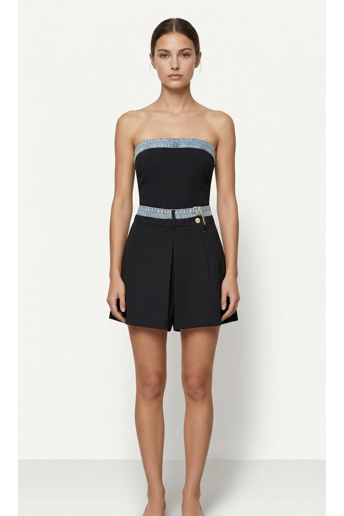 Siyah Denim Detaylı Yüksek Bel Şort Etek (Skort) Pileli Şık