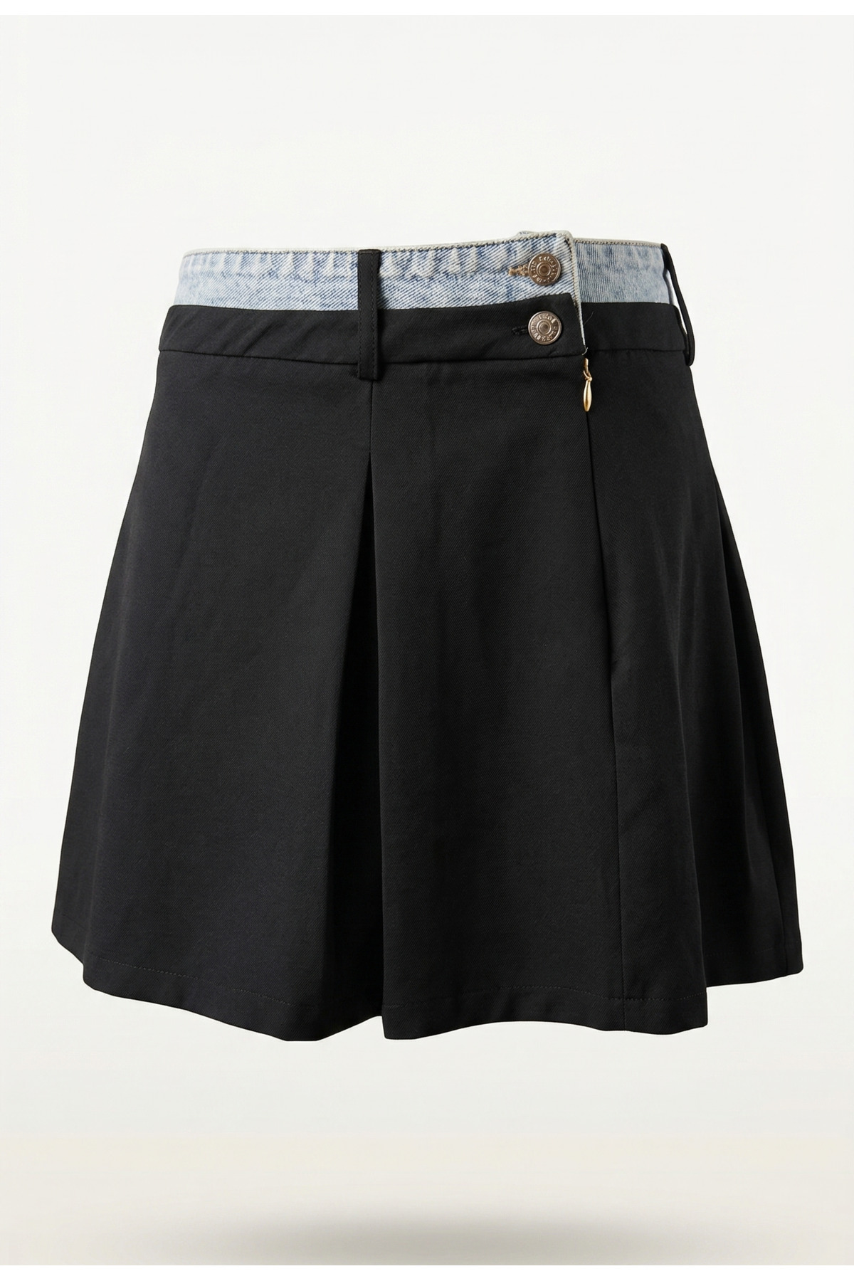 Siyah Denim Detaylı Yüksek Bel Şort Etek (Skort) Pileli Şık - Görsel 3