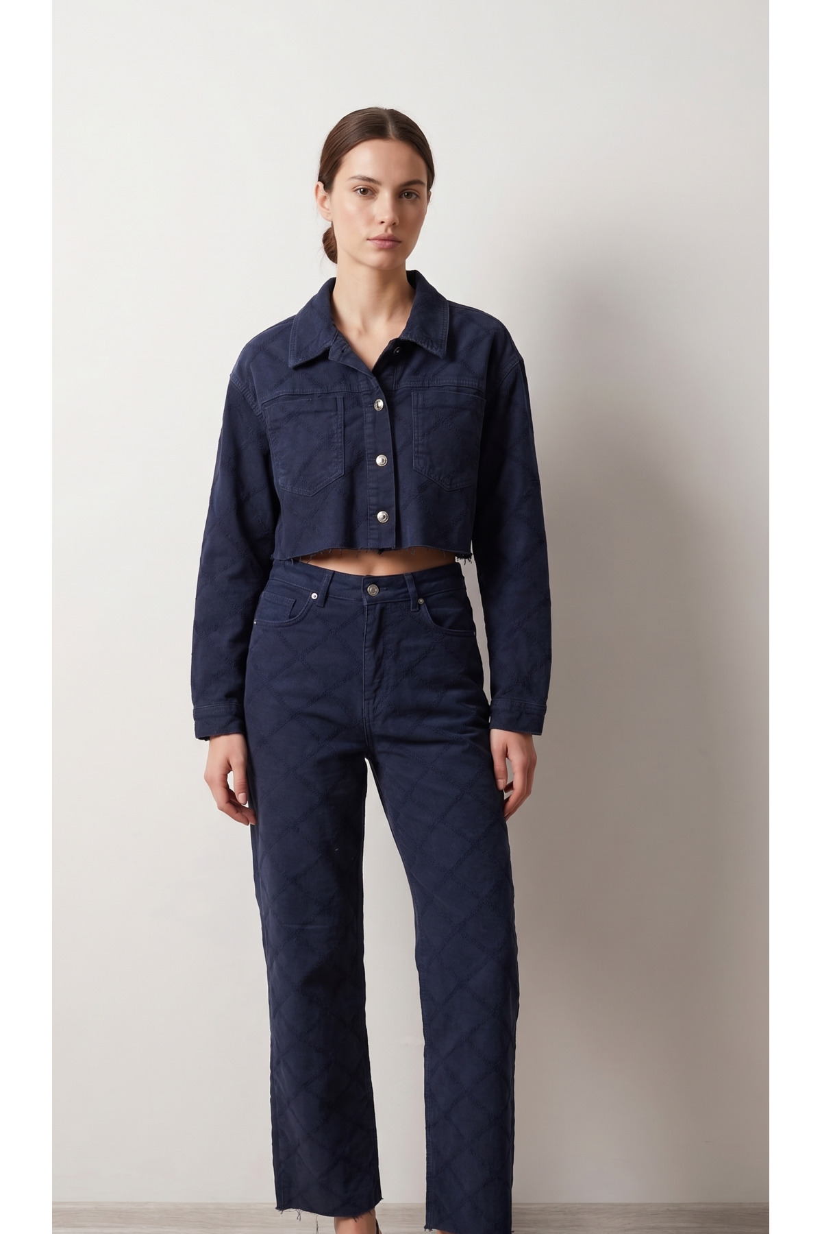 Kapitone Desenli Denim Takım – Lacivert