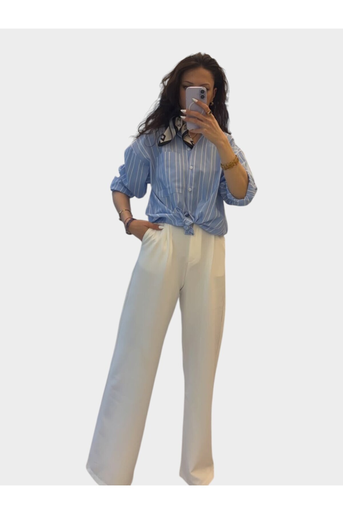 Çizgili Mavi Oversize Gömlek – Casual Fit - Görsel 2