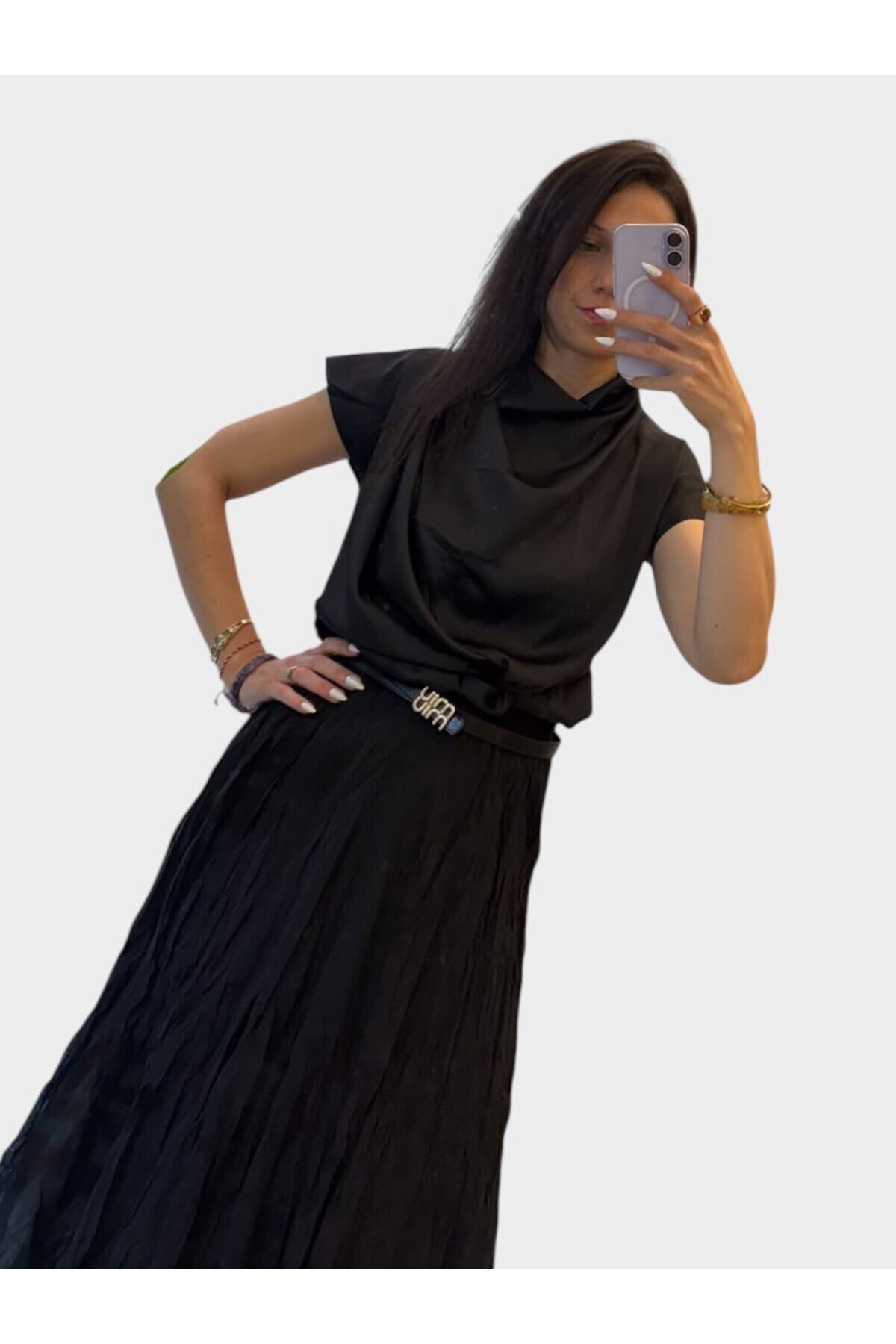 Drapeli Saten Siyah Bluz – Asimetrik Premium Kesim