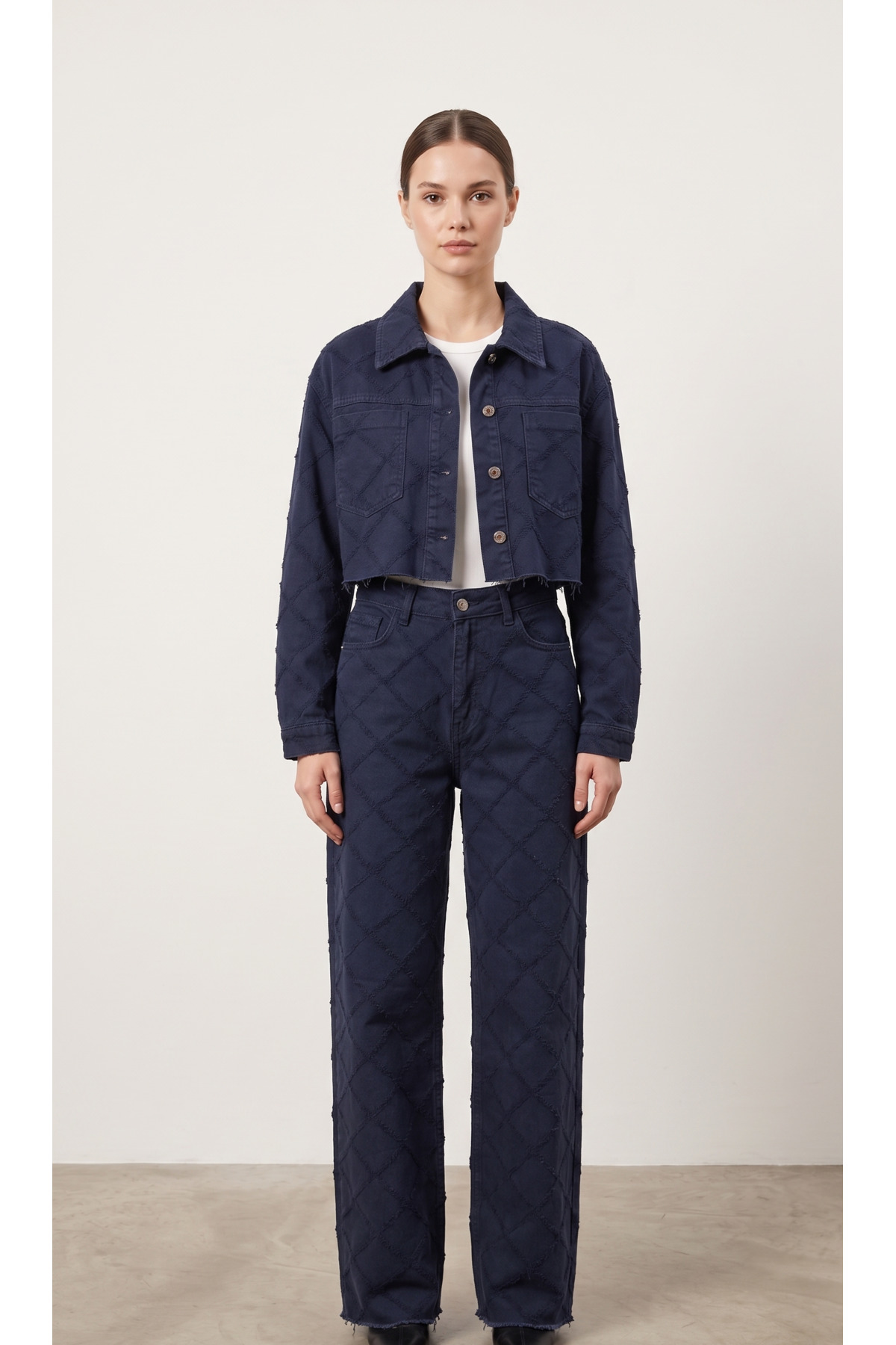 Kapitone Desenli Denim Takım – Lacivert - Görsel 4