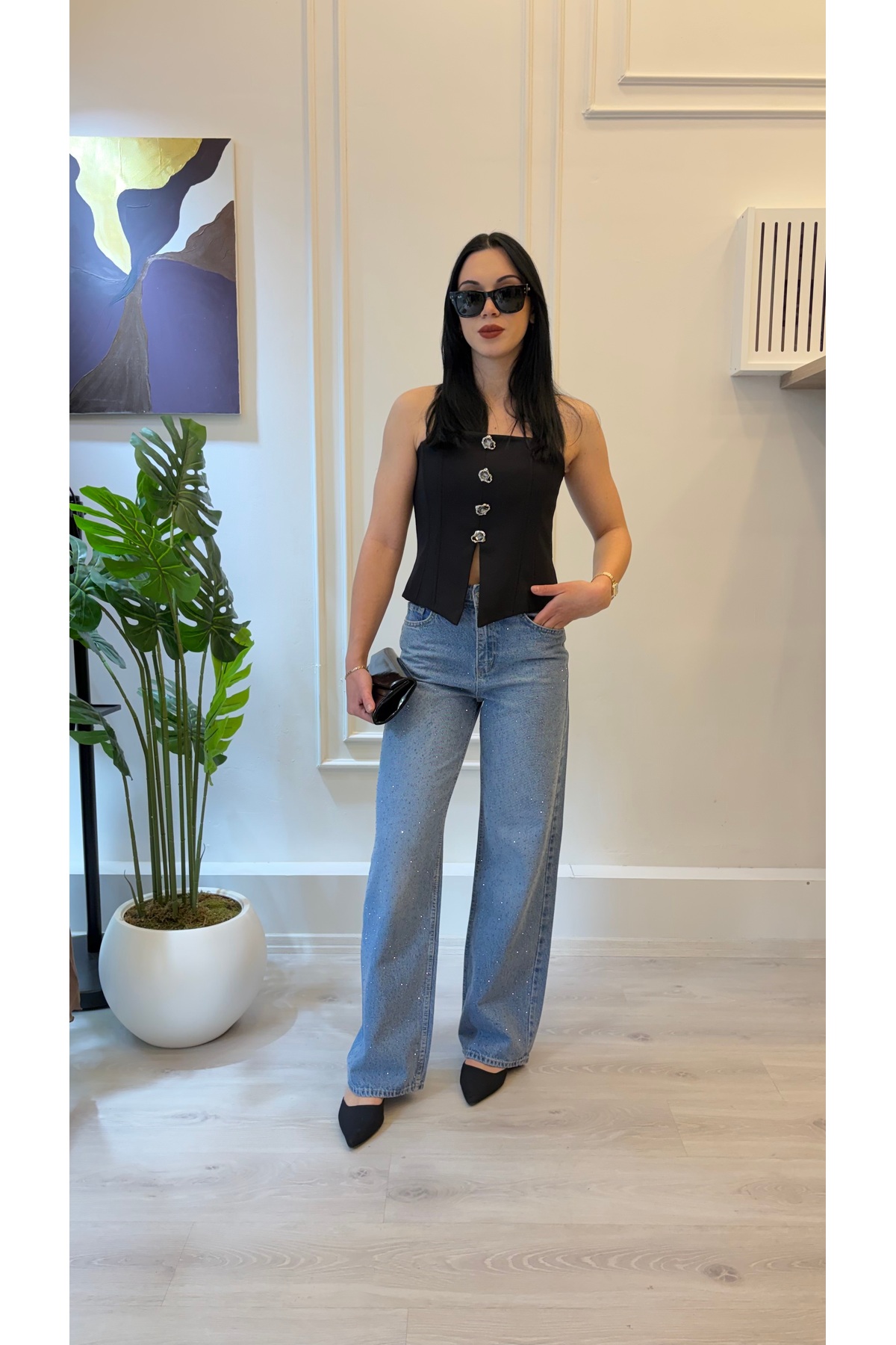 Taş Detaylı Wide Leg Jean Pantolon