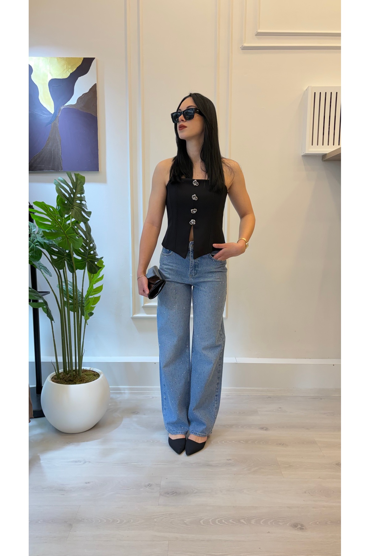 Taş Detaylı Wide Leg Jean Pantolon - Görsel 2