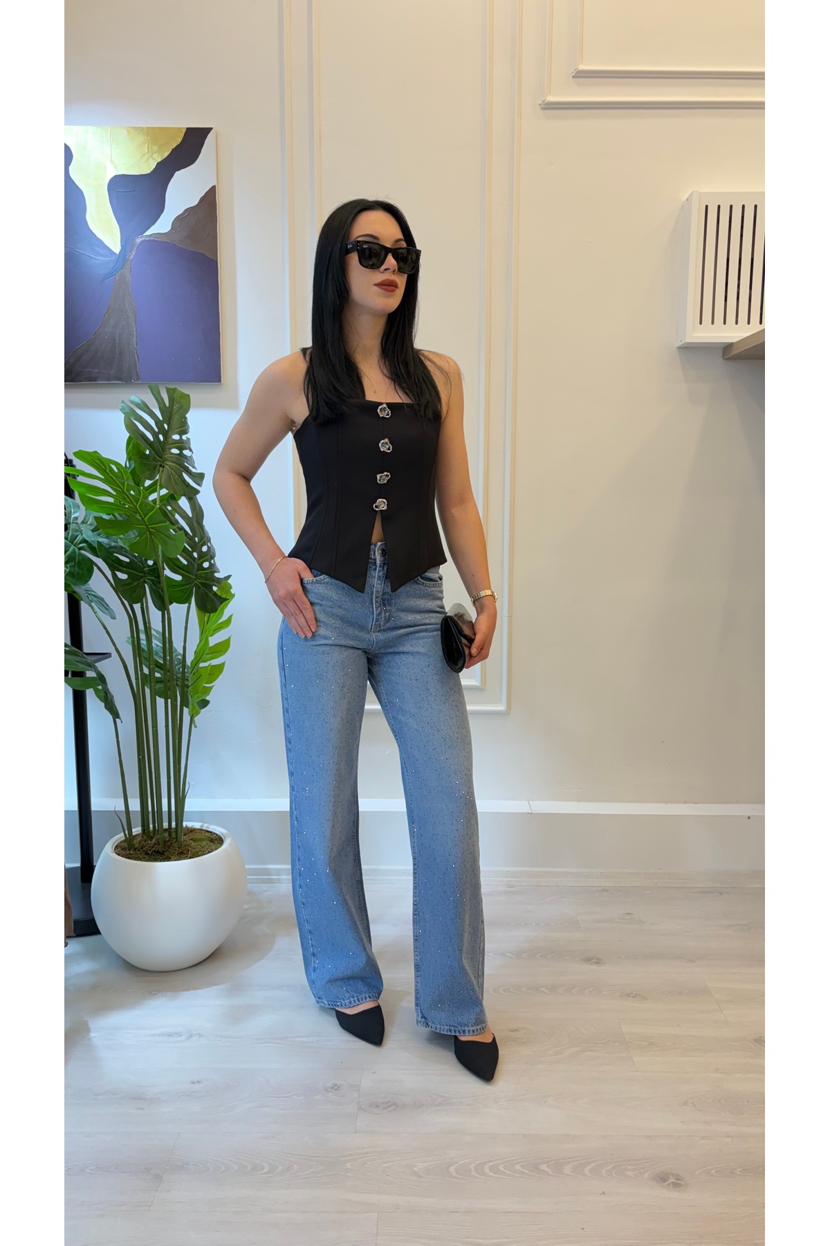 Taş Detaylı Wide Leg Jean Pantolon - Görsel 3
