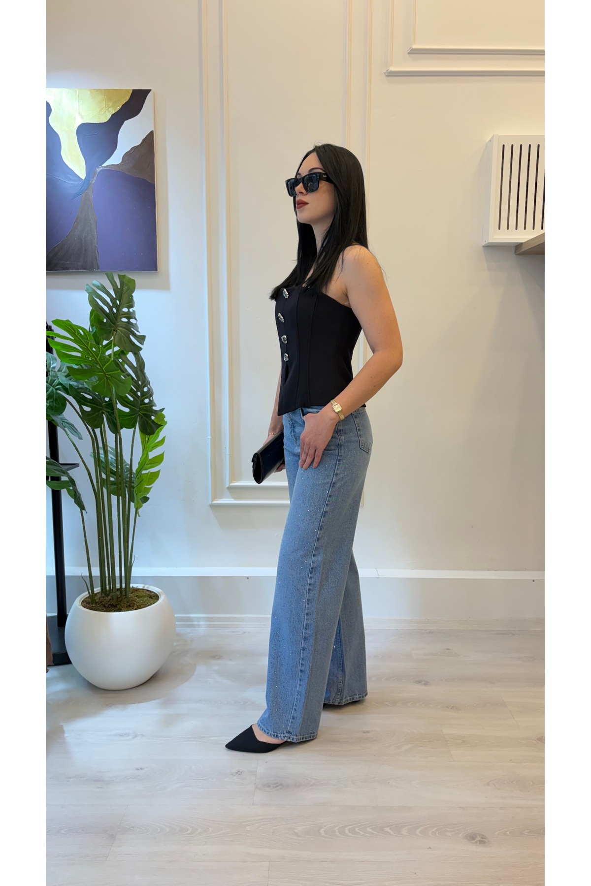 Taş Detaylı Wide Leg Jean Pantolon - Görsel 4