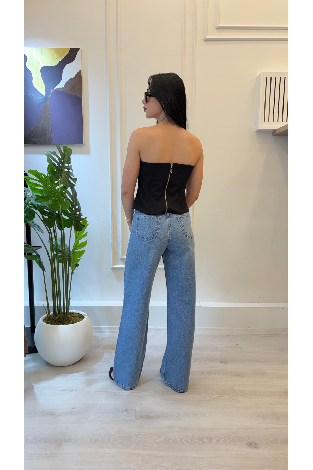 Taş Detaylı Wide Leg Jean Pantolon - Görsel 5