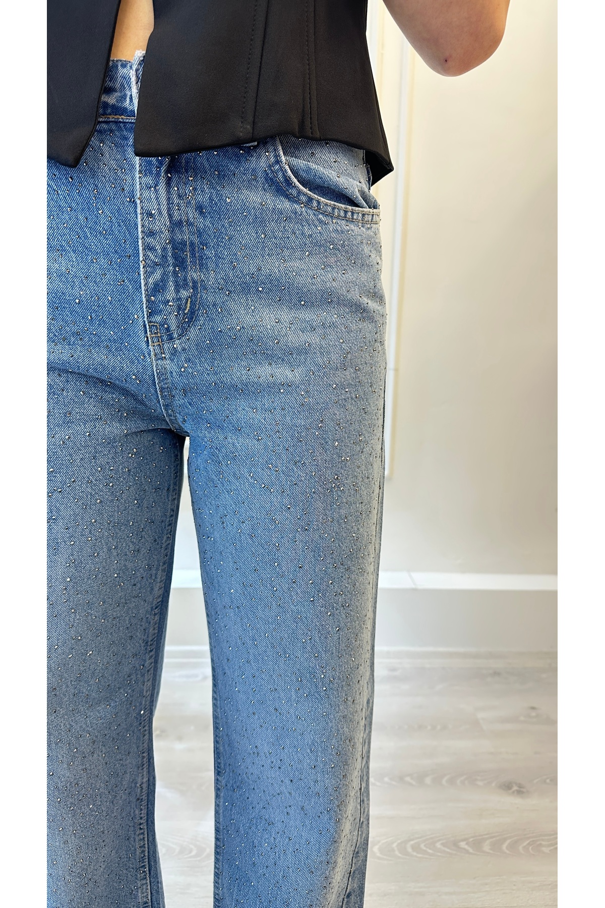 Taş Detaylı Wide Leg Jean Pantolon - Görsel 6
