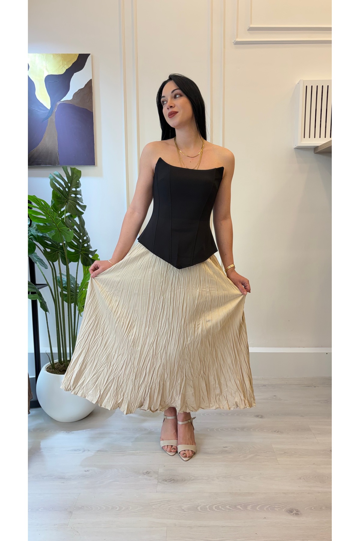 Bej Piliseli Maxi Etek (Akışkan Kumaş)
