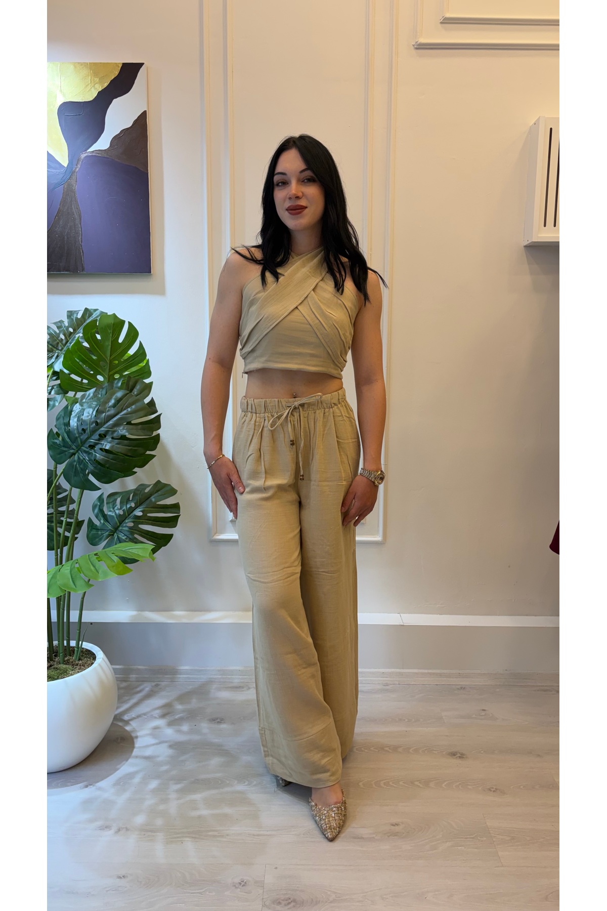 Bej Bağlamalı Keten Görünümlü Crop Pantolon Takım