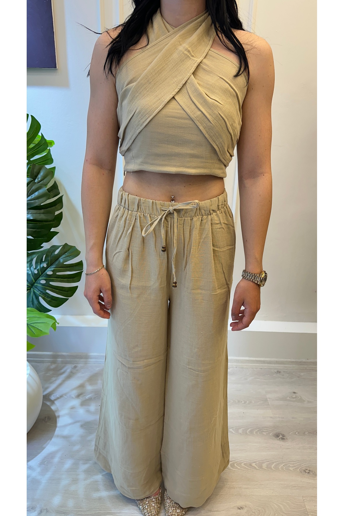 Bej Bağlamalı Keten Görünümlü Crop Pantolon Takım - Görsel 5