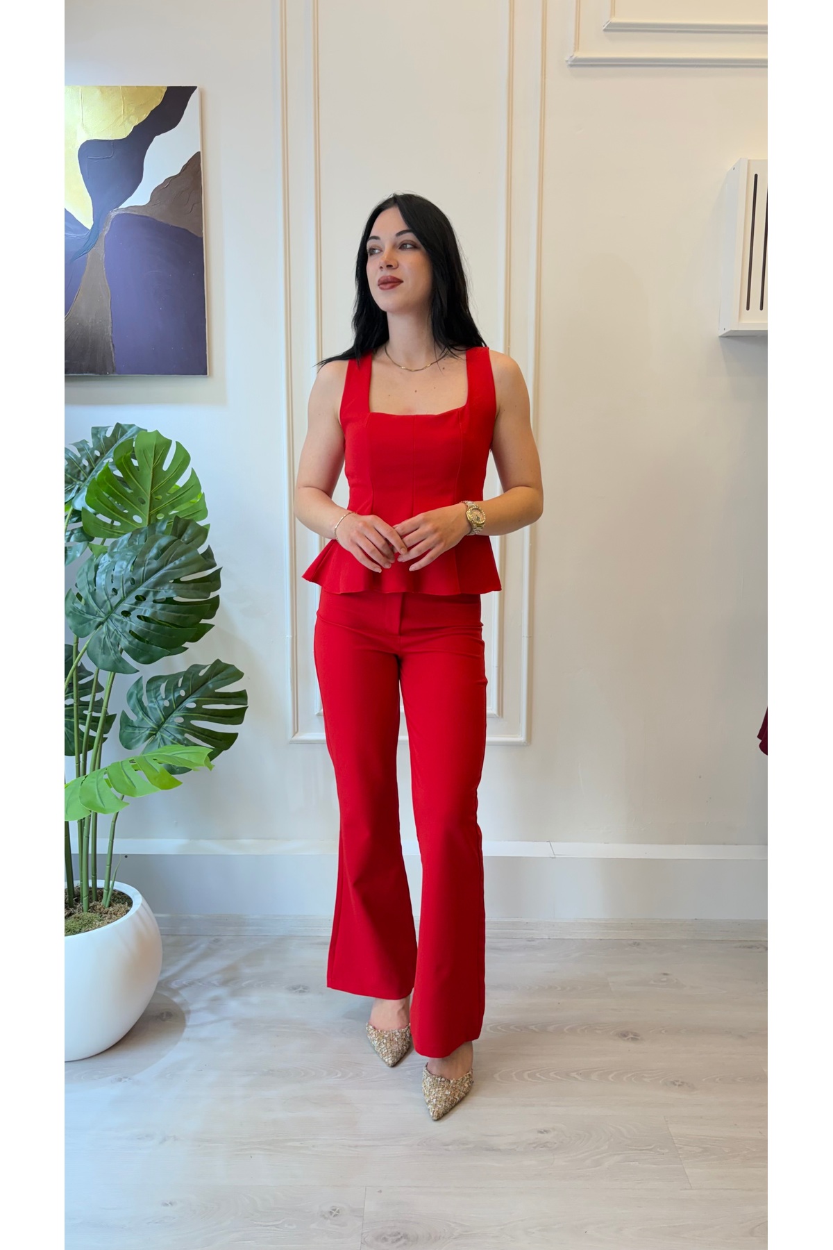 Kırmızı Peplum Bluz Pantolon Takım