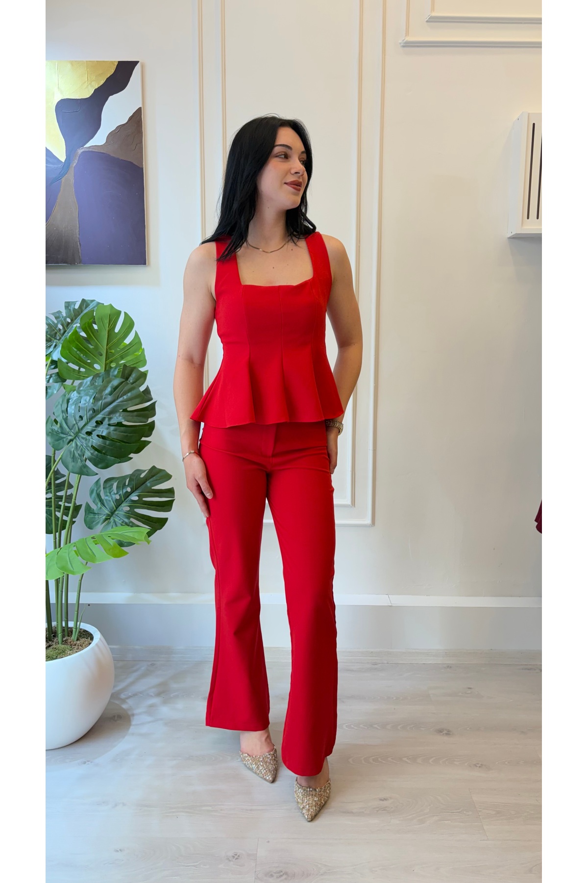 Kırmızı Peplum Bluz Pantolon Takım - Görsel 2
