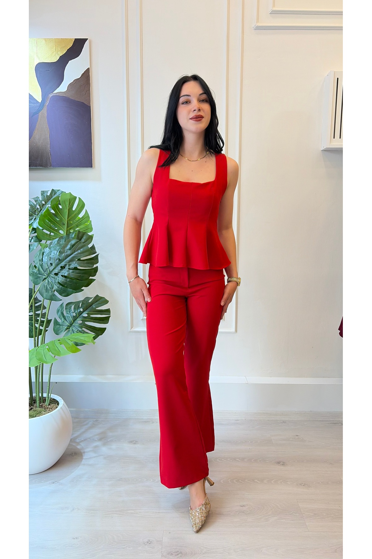 Kırmızı Peplum Bluz Pantolon Takım - Görsel 3