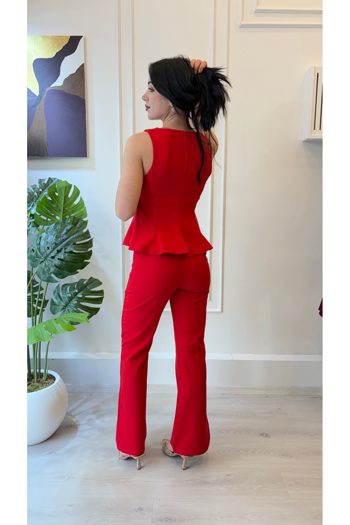 Kırmızı Peplum Bluz Pantolon Takım - Görsel 4