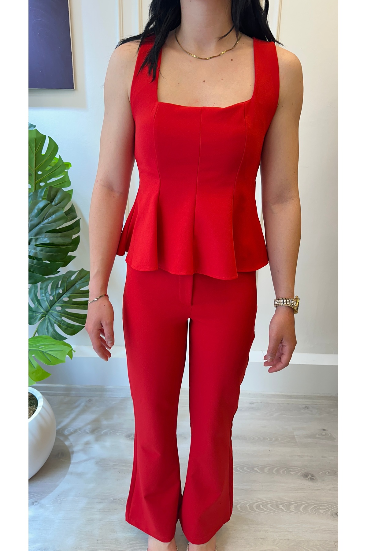 Kırmızı Peplum Bluz Pantolon Takım - Görsel 5
