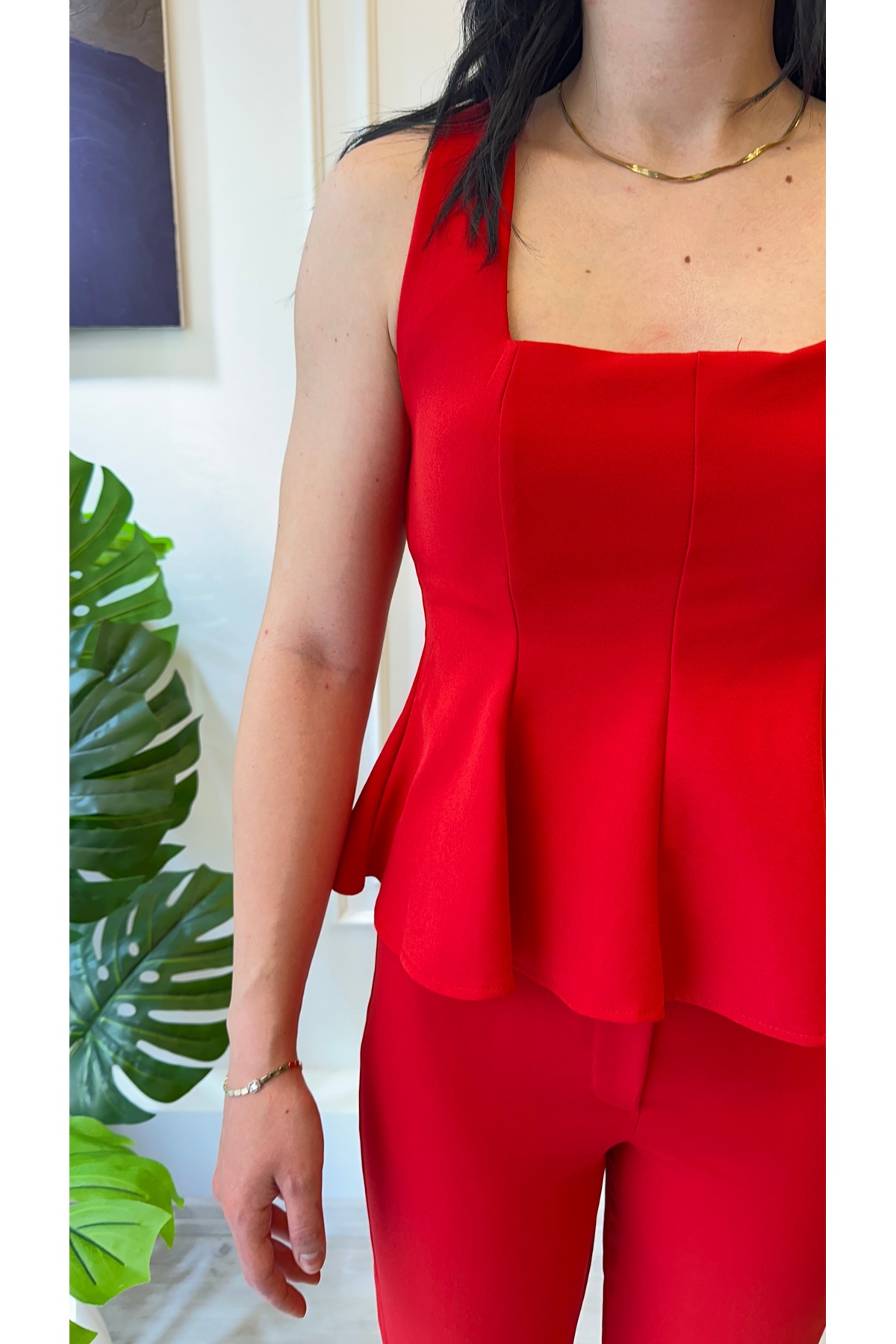 Kırmızı Peplum Bluz Pantolon Takım - Görsel 6
