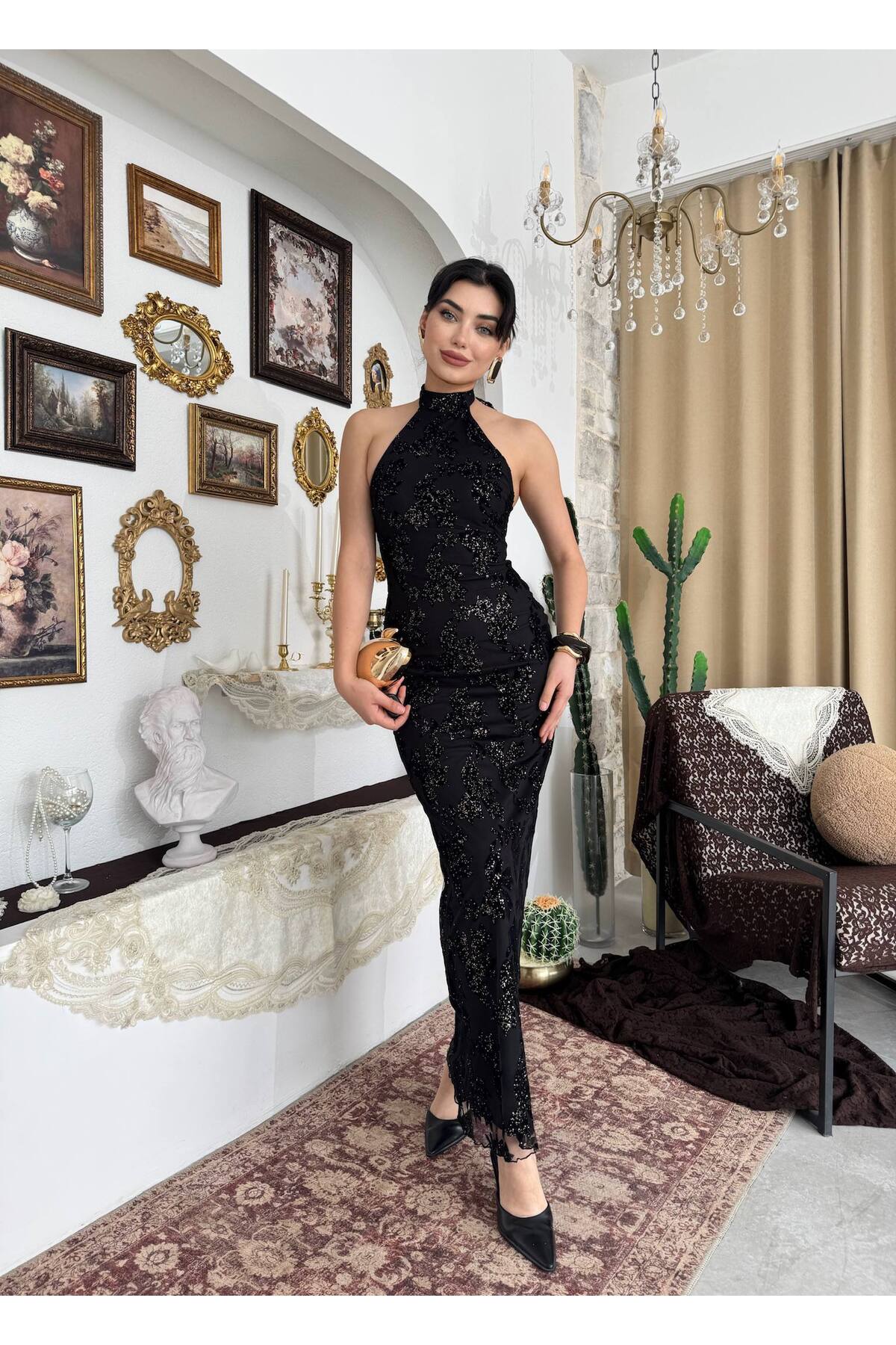Gold Işıltılı Boyundan Bağlamalı Gece Elbisesi - Görsel 3