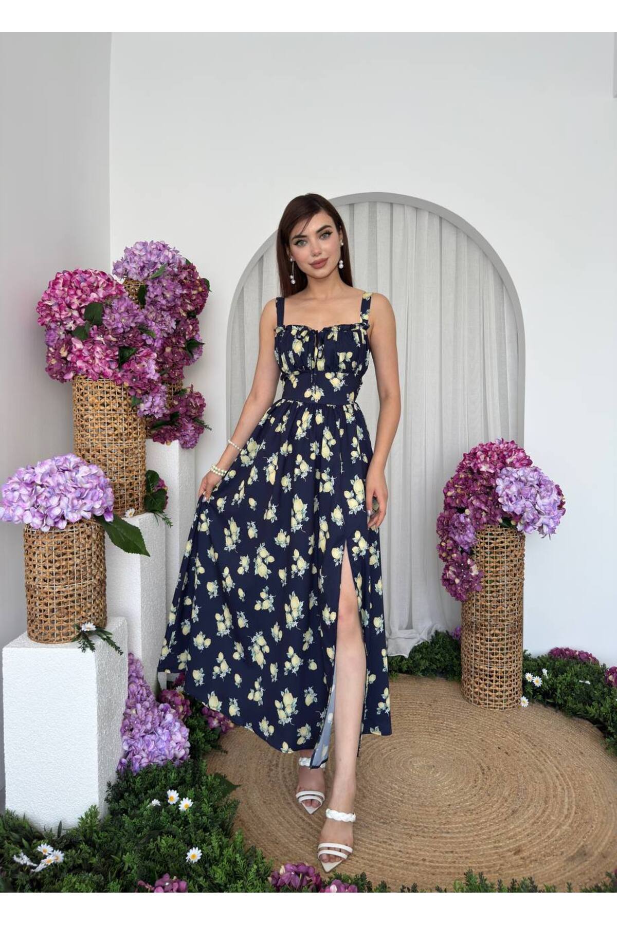 Limon Desenli Lacivert Maxi Elbise