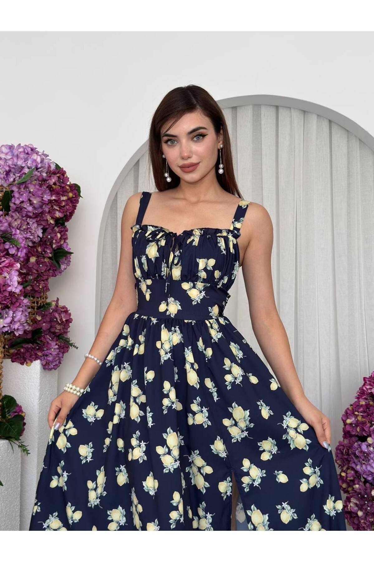 Limon Desenli Lacivert Maxi Elbise - Görsel 4