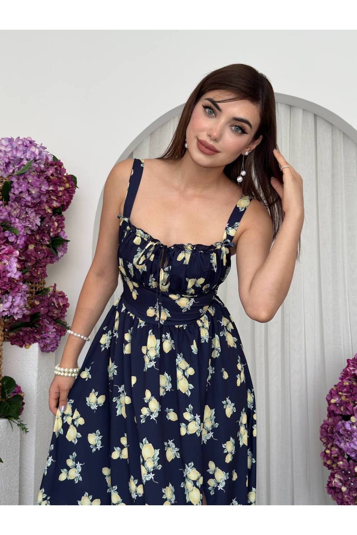 Limon Desenli Lacivert Maxi Elbise - Görsel 5