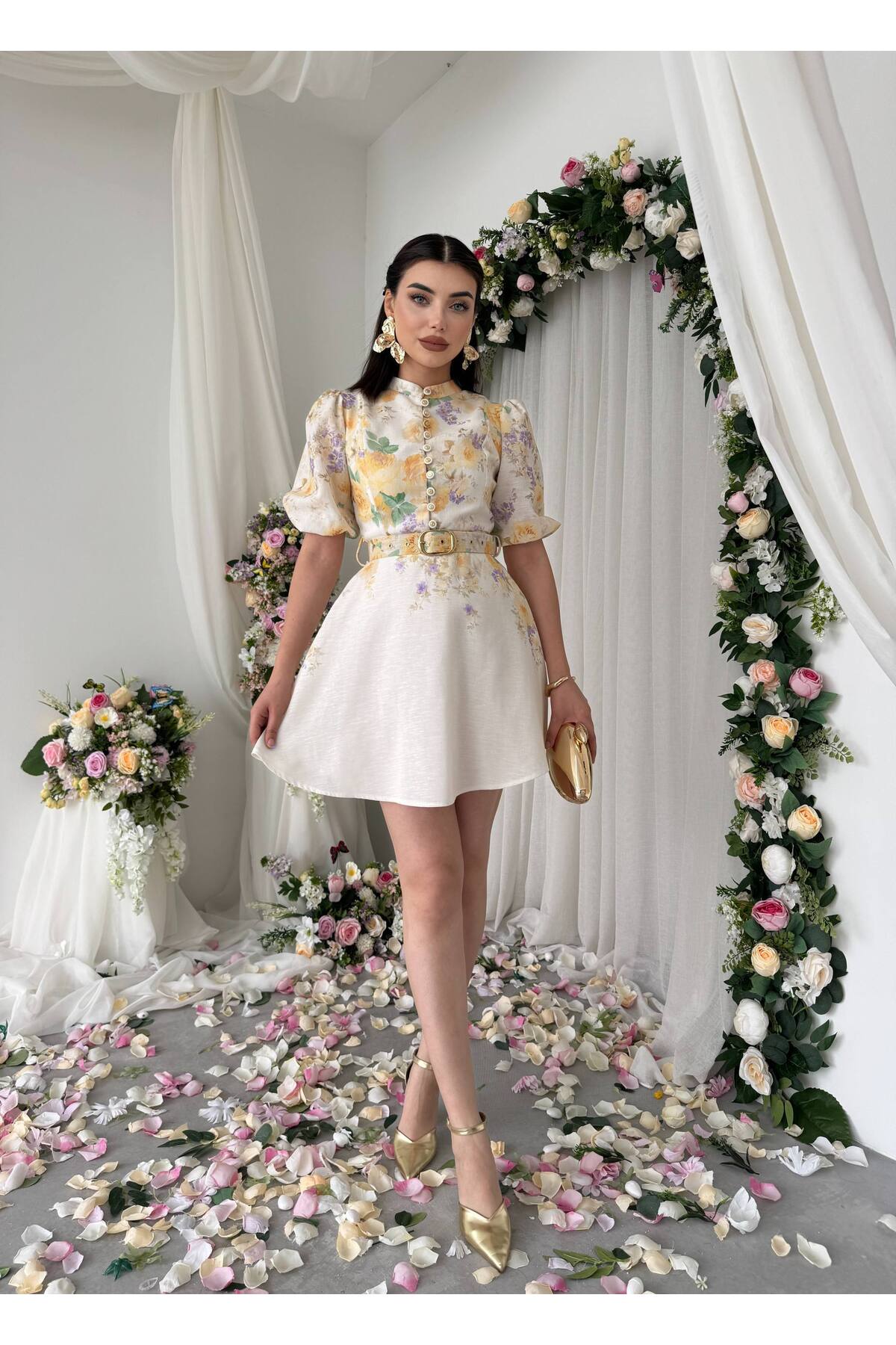 Vintage Garden Kemer Detaylı Mini Elbise