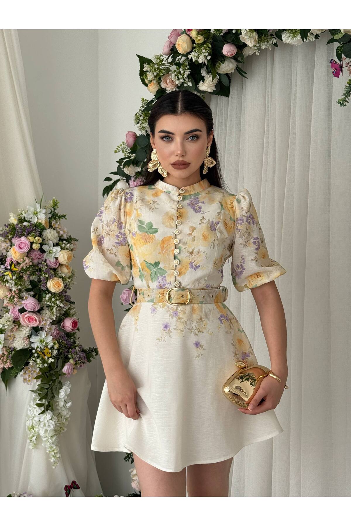 Vintage Garden Kemer Detaylı Mini Elbise - Görsel 4