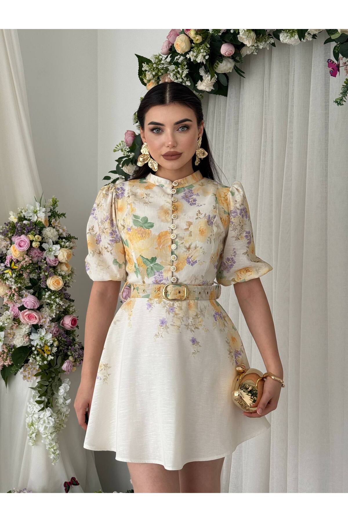 Vintage Garden Kemer Detaylı Mini Elbise - Görsel 6
