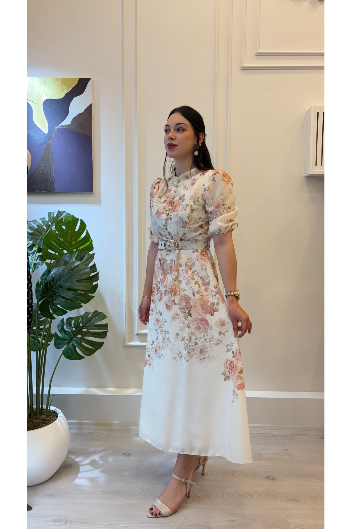 Kemer Detaylı Çiçek Desenli Vintage Midi Elbise - Görsel 2