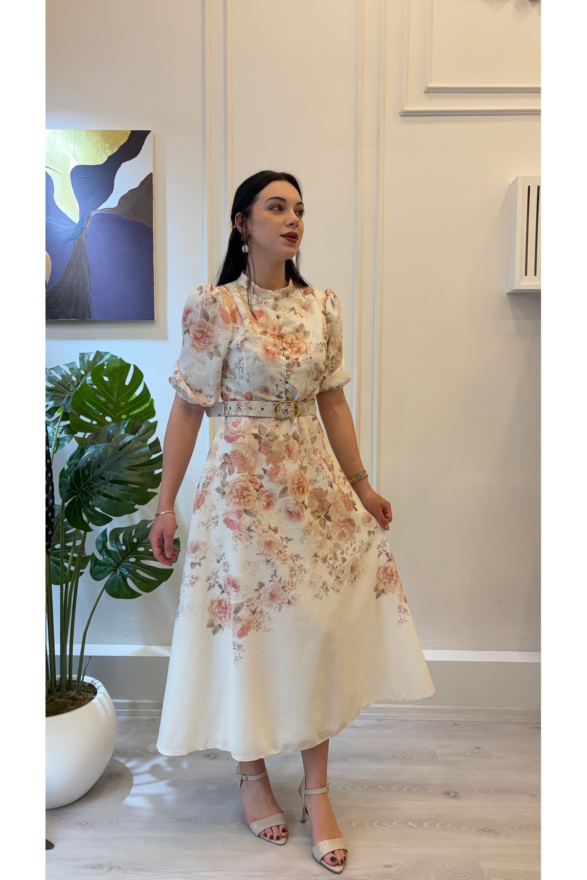Kemer Detaylı Çiçek Desenli Vintage Midi Elbise - Görsel 3
