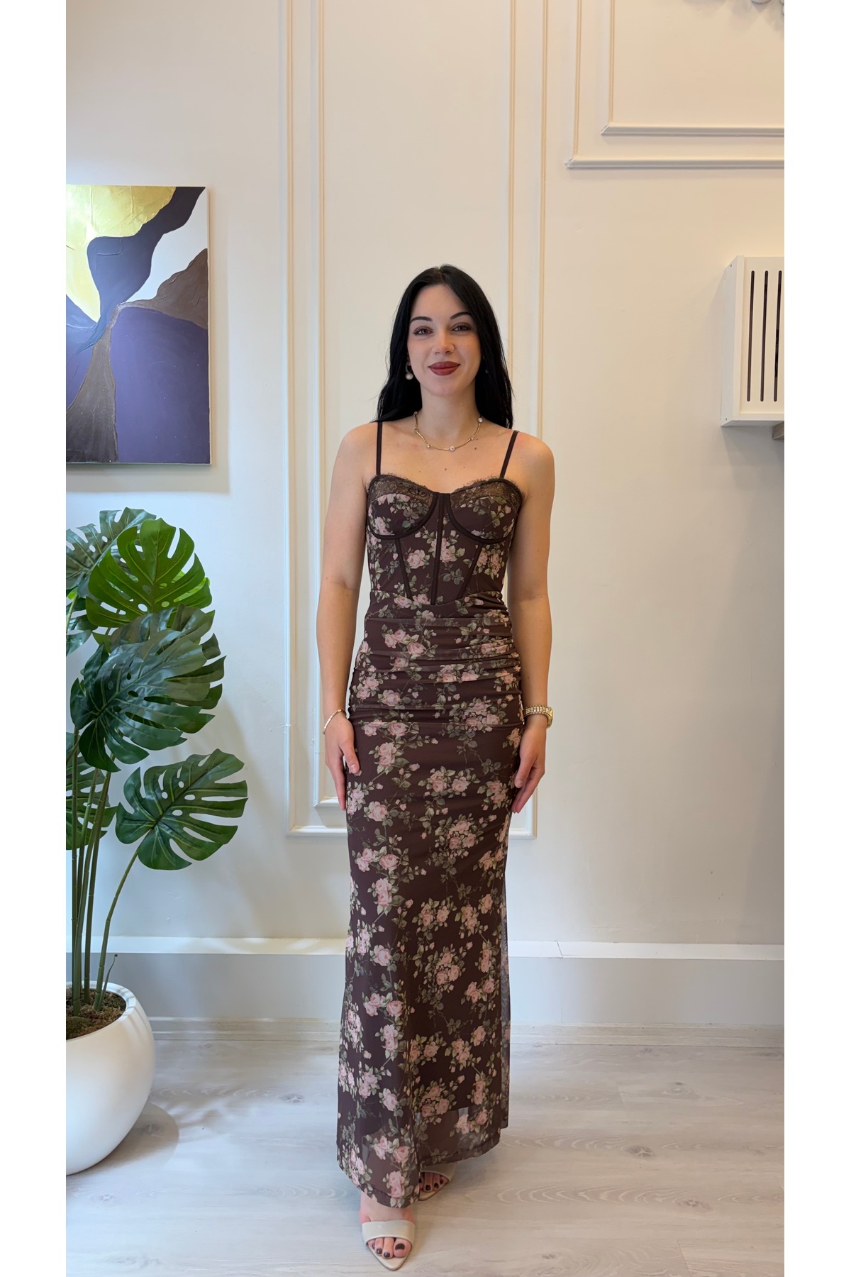 Vintage Gül Desenli Korse Detaylı Kahve Maxi Elbise
